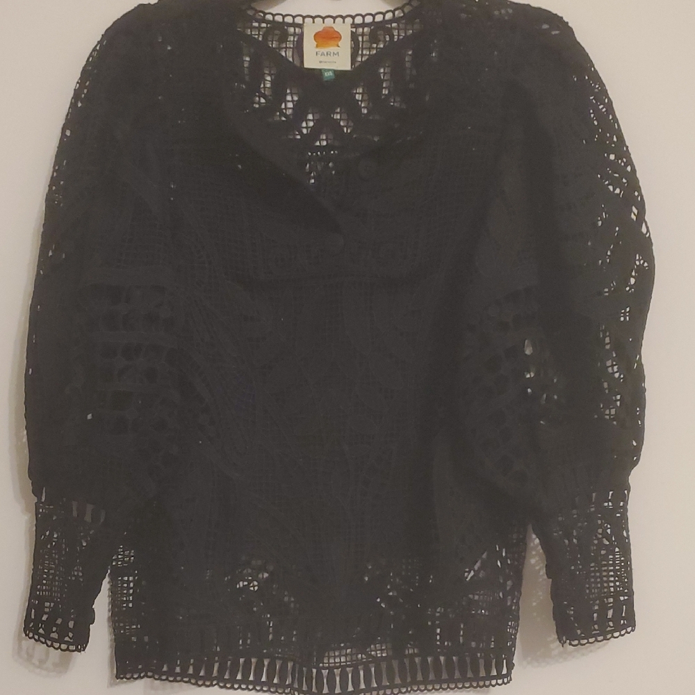 NWOT FARM RIO GUIPURE LACE PUFF-SLEEVE BLOUSE, SZ:XXS - Picture 3 of 15